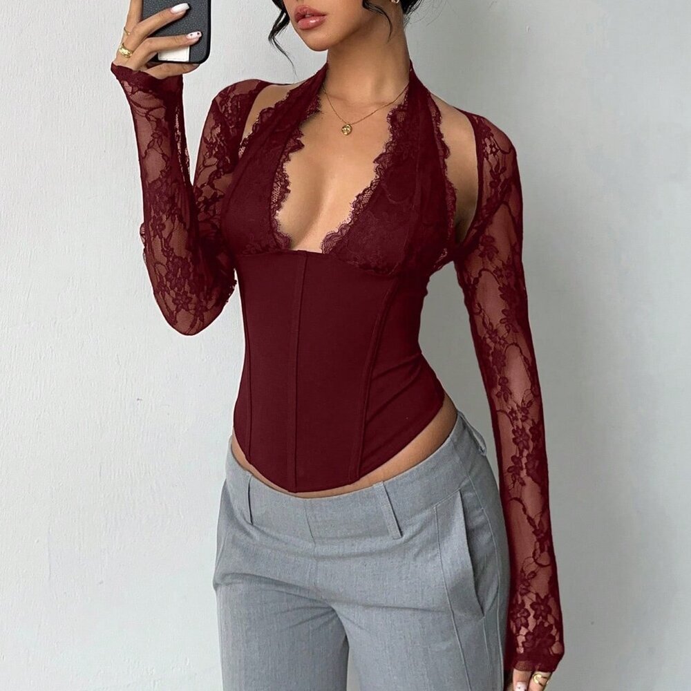 Burgundy Elegant Women's Romantic Lace Blouse